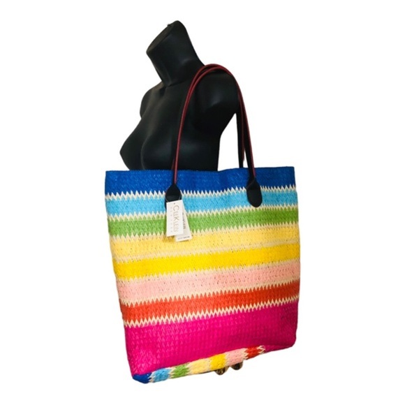 Cee Klein Rainbow stripe straw jute beach summer island bucket tote shoulder bag - Picture 9 of 16